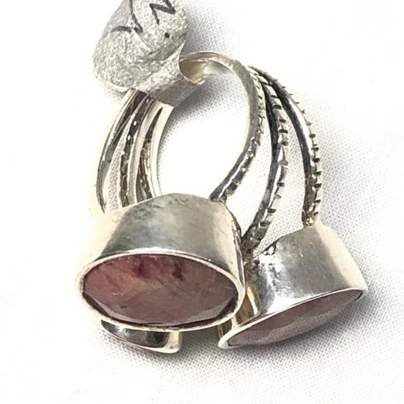 925 Silver Rhodochrosite Ring Natural Pink Round Gemstone Triple Band Sz 7 - Picture 6 of 15